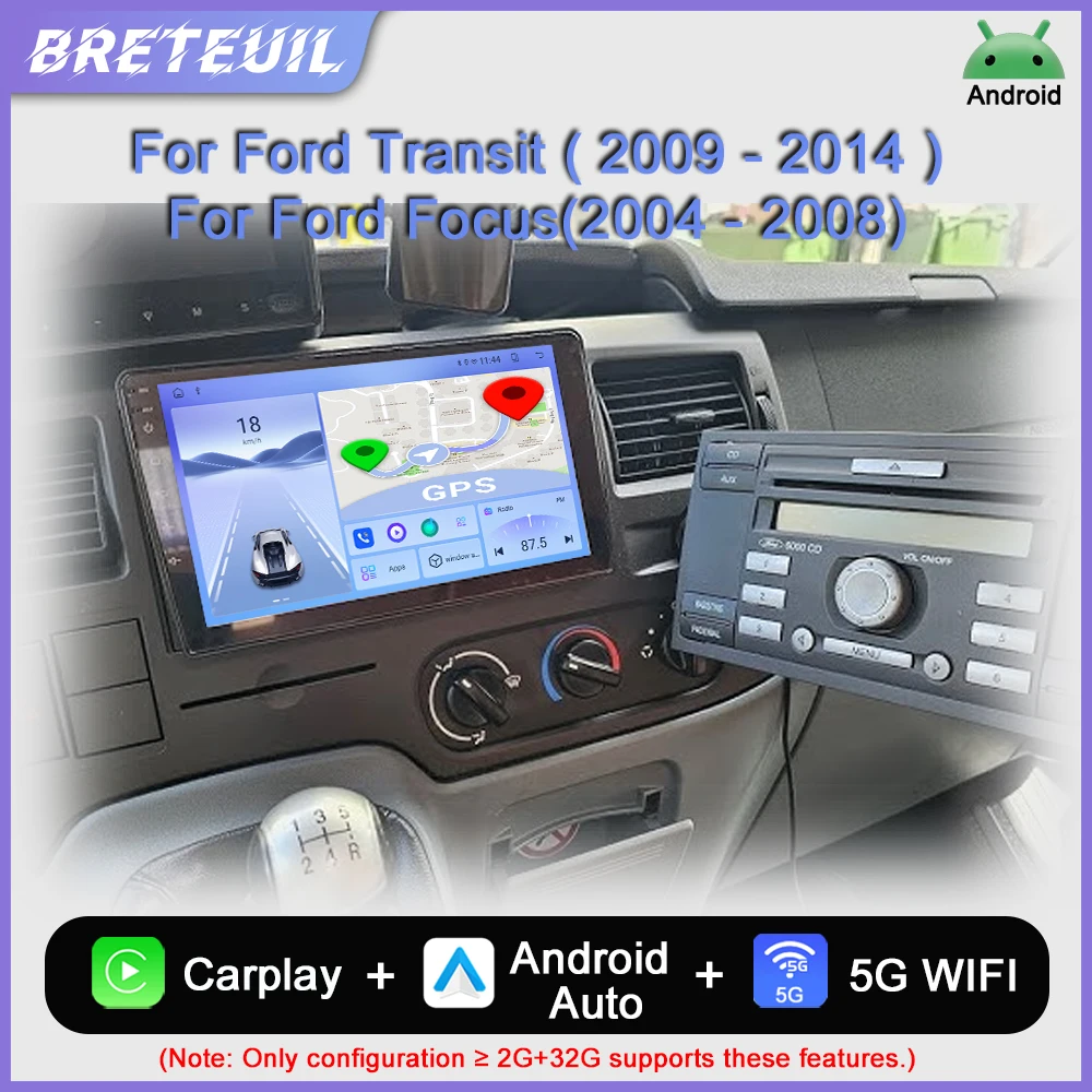 Para Ford Transit Focus 2004 2005 2006 2007 2008 2009 2010 2011 2012 2013 2014, sistema multimédia automóvel Android com GPS, CarPlay, ecrã inteligente e sistema de som automóvel.