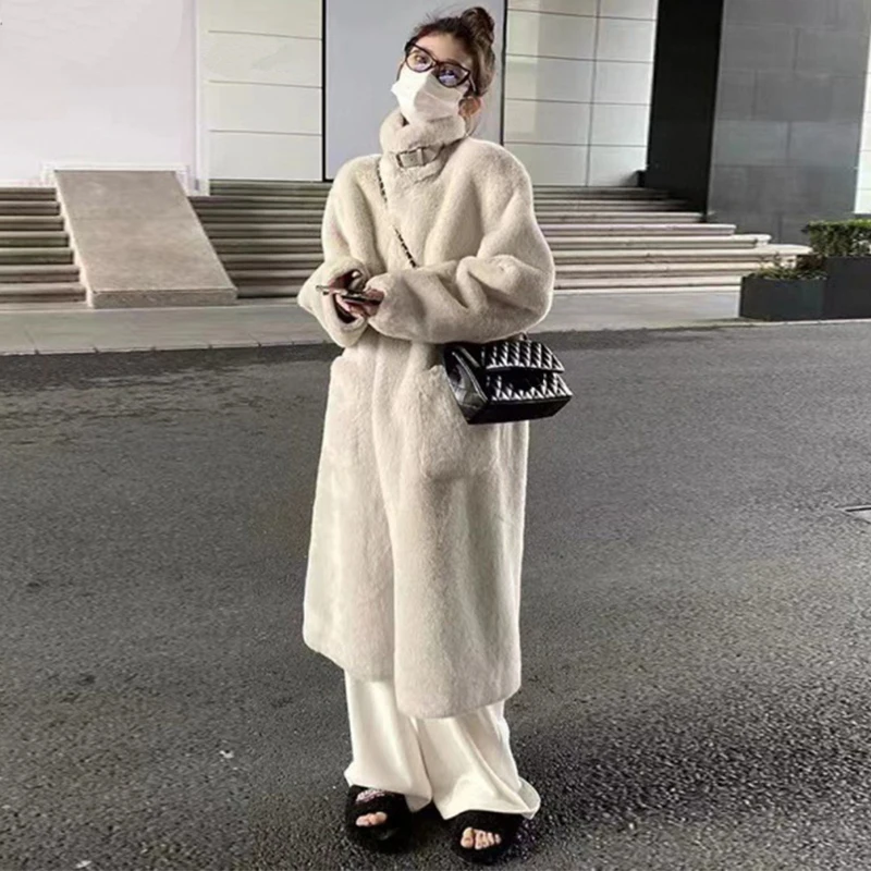 2023 Winter New Faux Mink Fur Coat Women Single Breasted Plush Jacket Elegant Lady Stand Collar Thick Warm Long Fur Overcoat