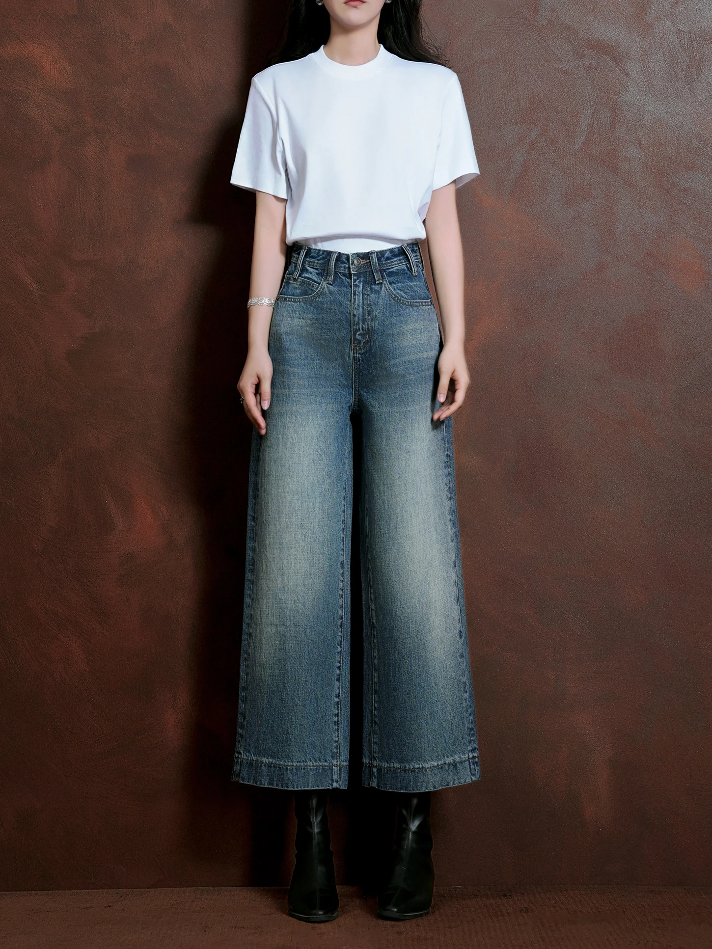 

f-Hill Collection Loose Straight Leg Jeans Women's Faionable Casual Mid-Calf Pants High Waist Cotton Denim Skinnifng