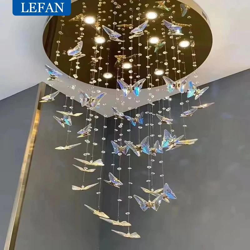 Modern Large K9 Crystal Butterfly Pendant Light, High-Grade Staircase High Ceiling Indoor Home Lighting Decoration