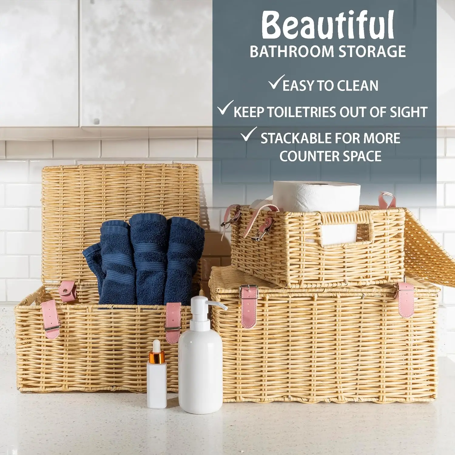 مجموعة من 3 قطع - سلال تخزين منسوجة مستطيلة كبيرة ومتوسطة وصغيرة لتنظيم الملابس، قابلة للتكديس