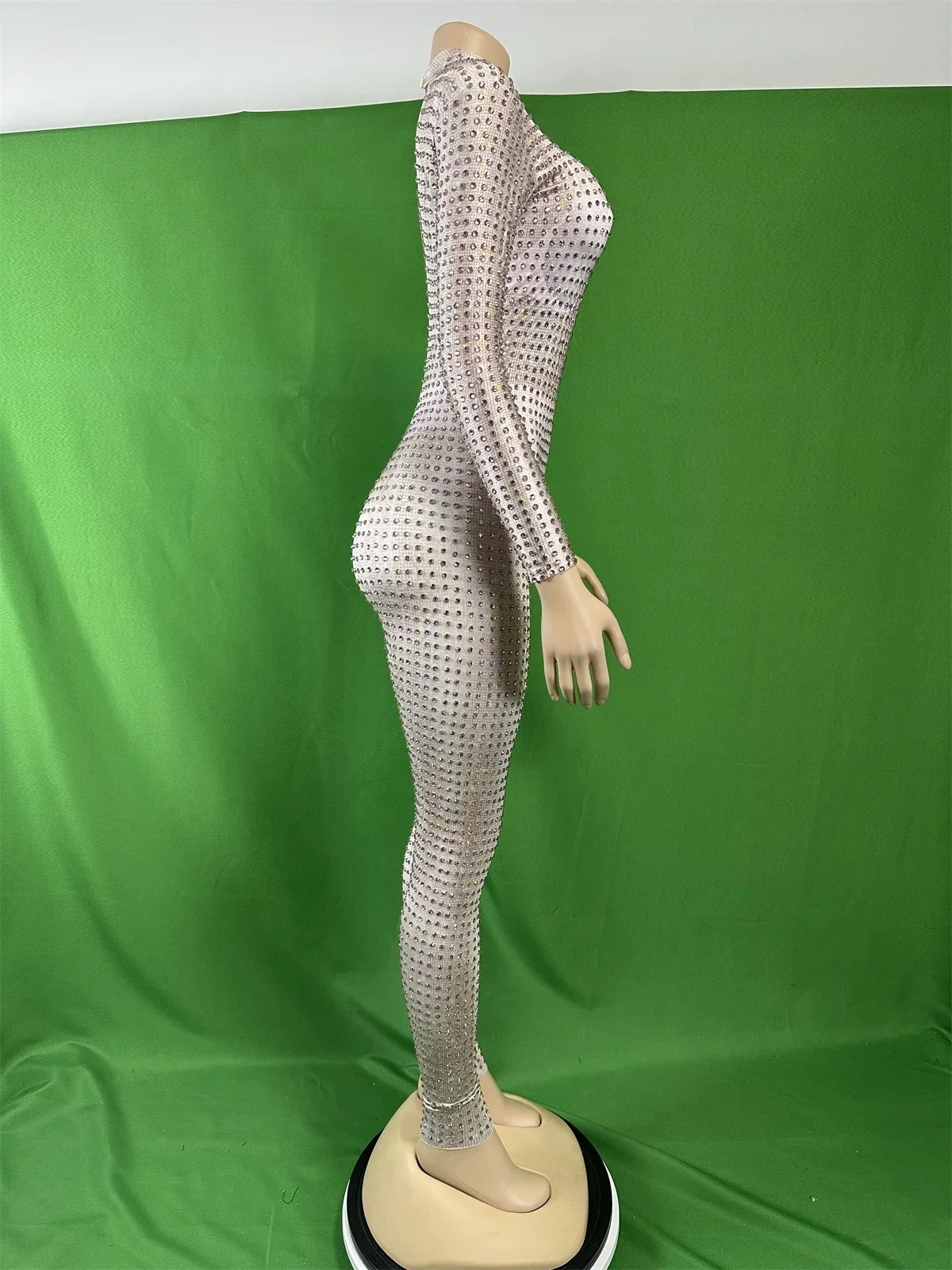 Kombinezony damskie ze spandexu, elastyczne, w całości wysadzane cyrkoniami, błyszczące, do tańca na rurze, dla DJ-ek, DS, do klubu nocnego, srebrne stroje, kostiumy drag queen.