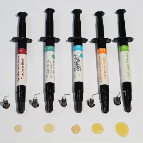 5 uds/Kit de resina Dental fluida A1 A2 A3 A3.5 B1 resina fluida resistente a la luz Material de relleno Dental de resina compuesta 2,5g