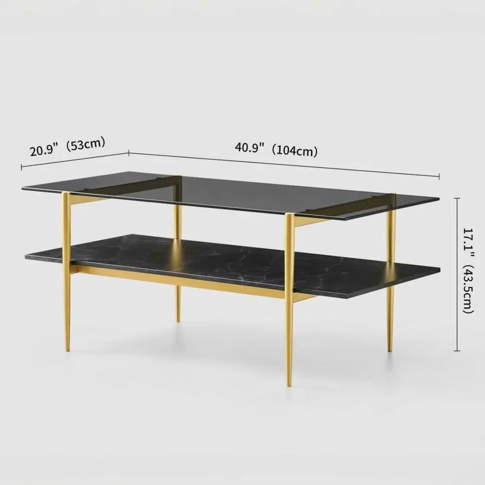 Mid-Century Modern Rectangular Coffee Table, 41x21, 2-Tier with Clear Glass Top and Black Marble Shelf, Gold Conical Legs