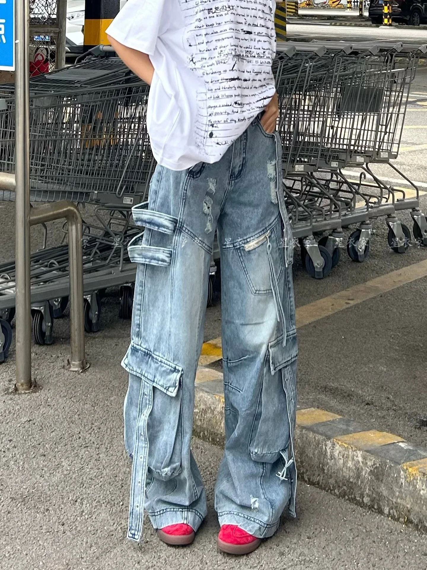 

Американские джинсы High Street Heavy Duty Design Deconstructed Sash Hole Denim для женщин, летние, с широкими штанинами, прямые, с множеством карманов, в рабочем стиле