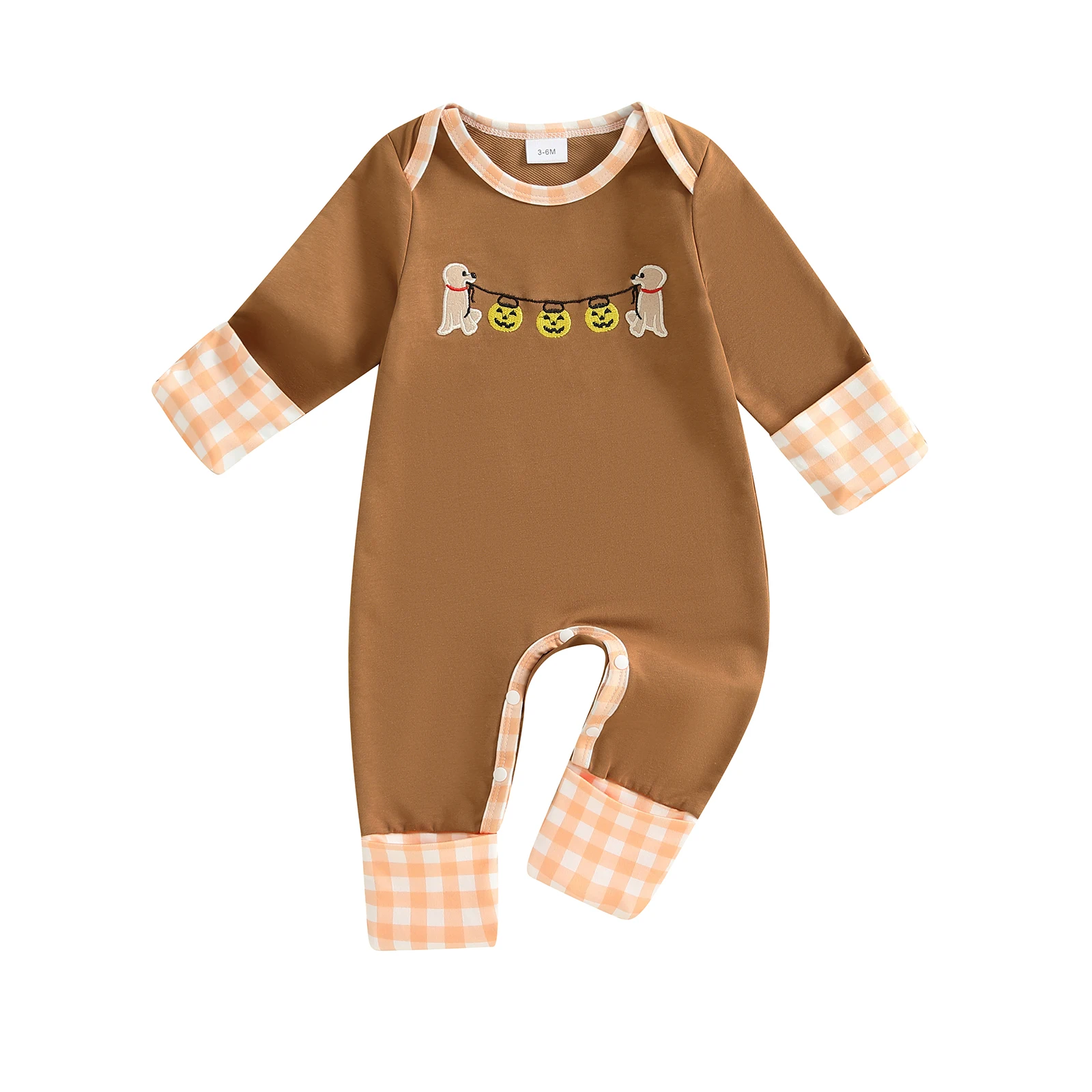 

Детский комбинезон на Хэллоуин с тыквой и вышивкой животных, клетчатый комбинезон с длинными рукавами и круглым вырезом