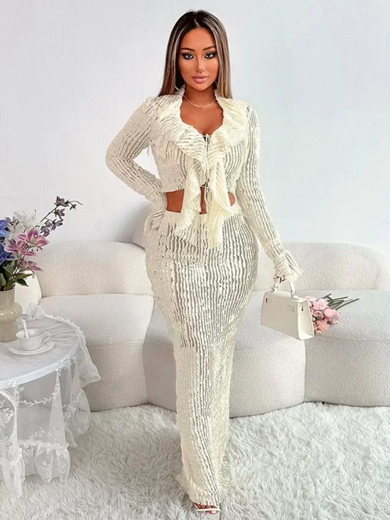 

Elegant Ruffles Long Dress Two Pieces Matching Set Women Autumn Long Sleeve Lace-up Top and Skirts Female Outfit Black White