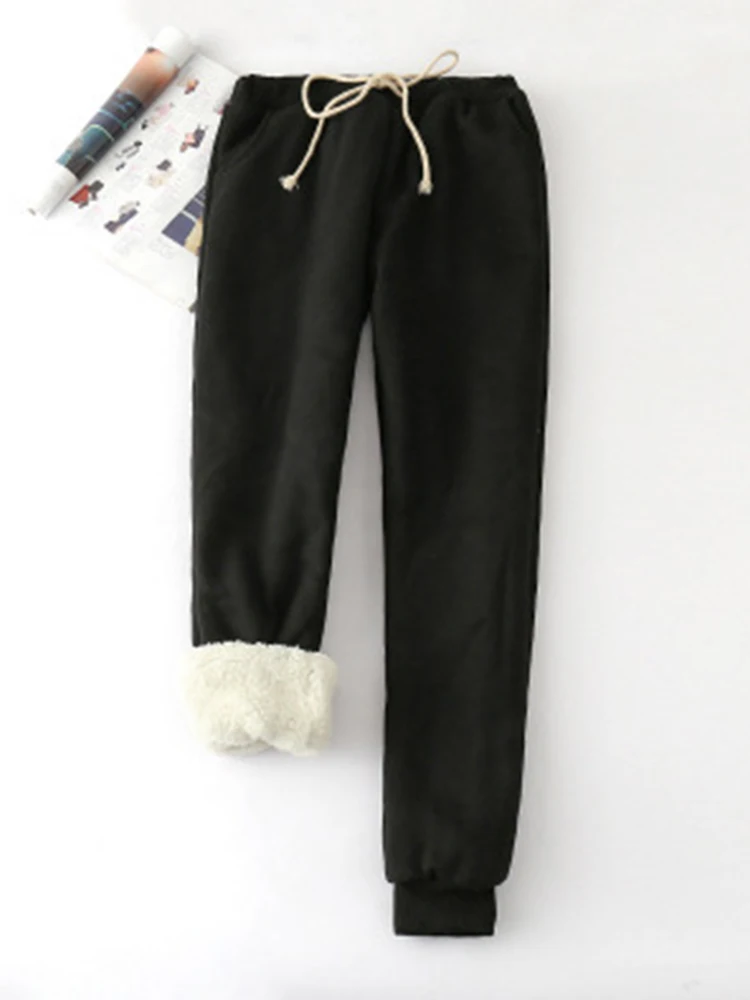 Winter Lambskin Thicker Elastic Waist Pants Loose LargeSolid Color Cotton Harem Pants Women Casual Warm Trousers