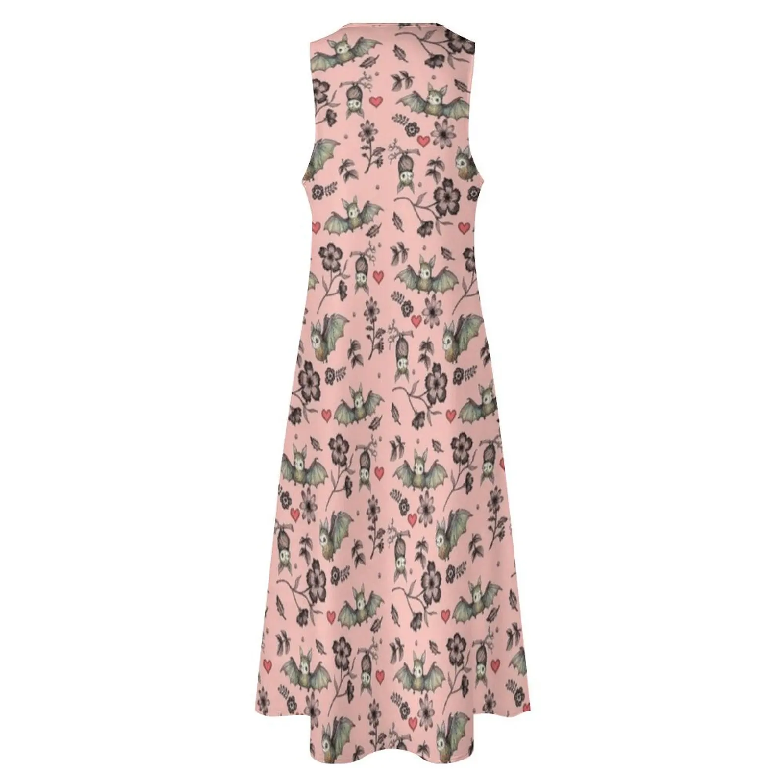 Süße Fledermäuse, rosa Blumenmuster mit Fledermäusen und Herzen, langes Kleid, Kleid für Damen, Sommerkleidung für Damen