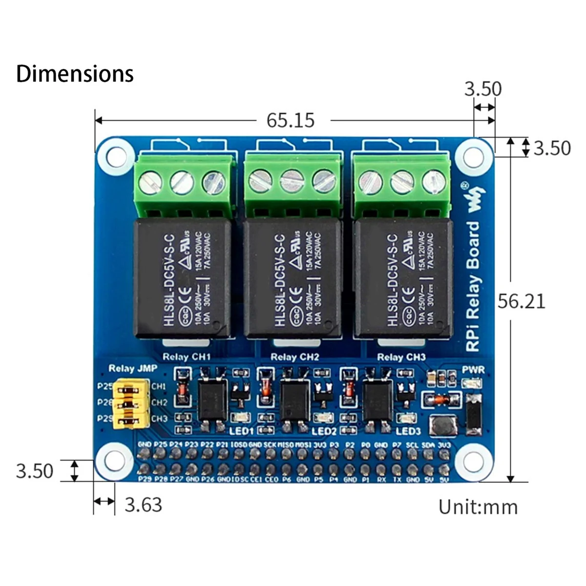 Waveshare 5V 3-Channel Relay Module Expansion Board Breakout Shield HAT Kit For RPI Raspberry Pi Zero 2 W WH 2W 3