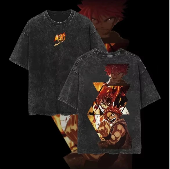 Hot Sale Fairy Tail Anime Natsu Manga Graphic Print T-shirt Men Women Loose Casual Oversize Vintage Washed Cotton Summer New Tee