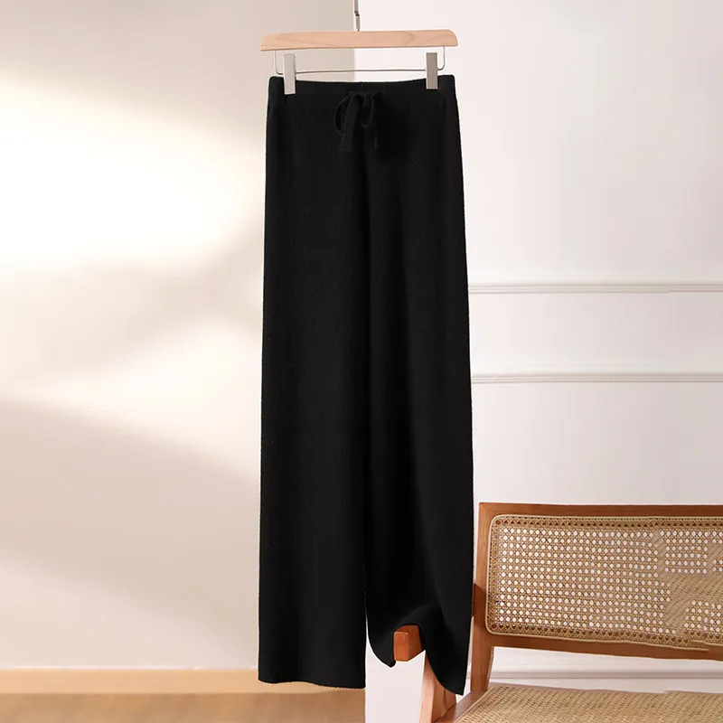 Ultra-soft waxy 100% cashmere knitted wide-leg pants thick high waist drape straight mop pants.