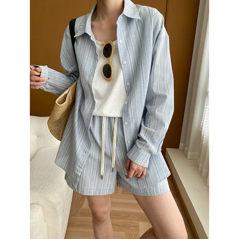 

2025 New Stripe Colorblock Shirt Set - Textured Linen Blend Shorts Set with Adjustable Waist & Anti-Static Office Chic Vacation