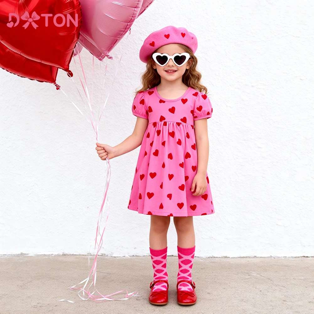 

DXTON Short Sleeve Girls Clothing Children Summer Dresses Heart Print School Kids Daily Dress Toddler Vacation Costumes