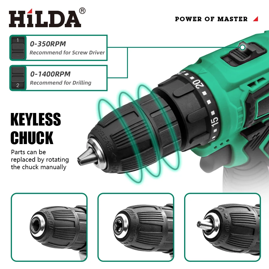 HILDA Electric Drill Cordless Screwdriver Lithium Battery Power Tools Cordless Drill