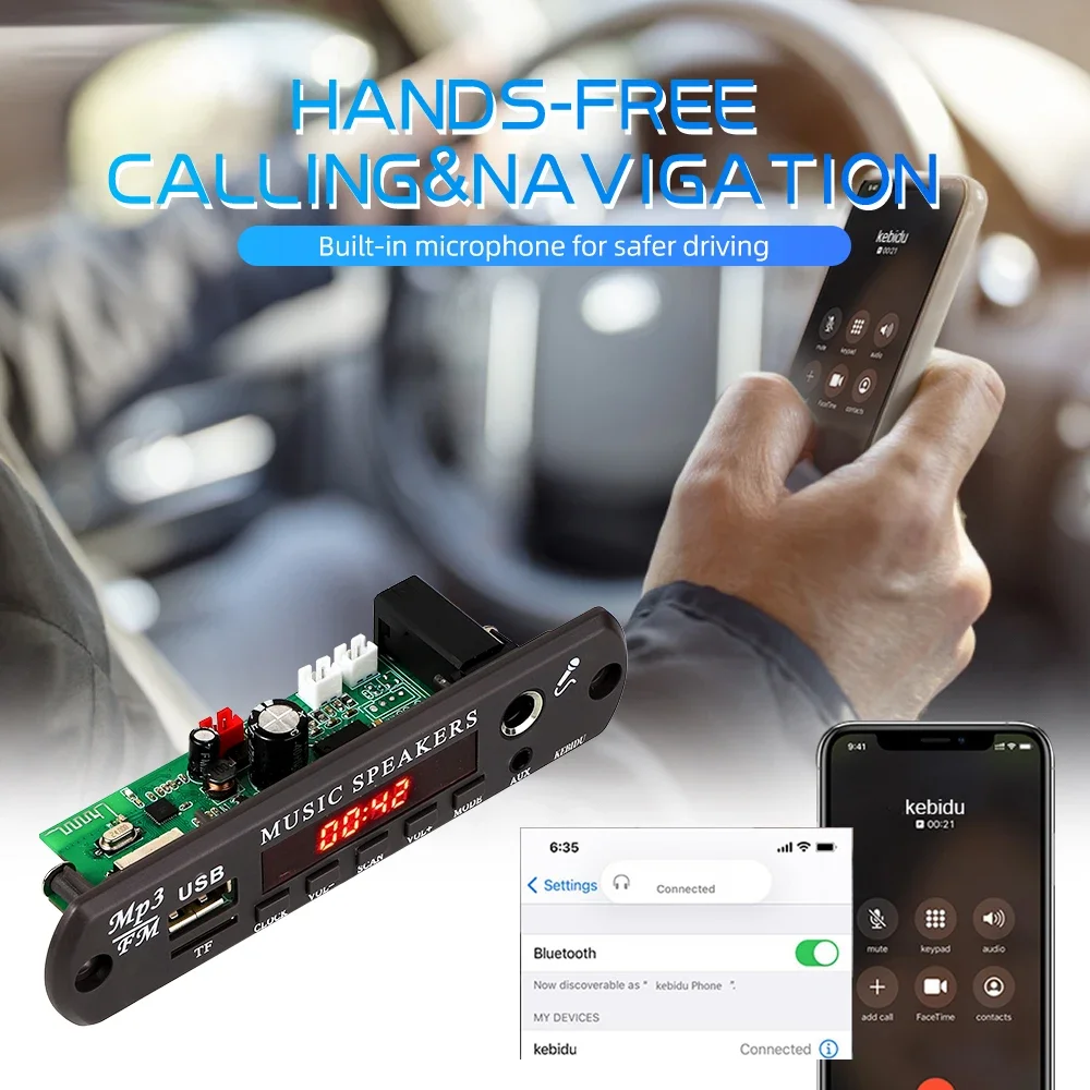 60 واط MP3 فك مجلس بلوتوث 5.0 مشغل MP3 12-20 فولت اللاسلكية مشغل MP3 ساعة العالم ميكروفون TF AUX راديو FM لمكبر الصوت