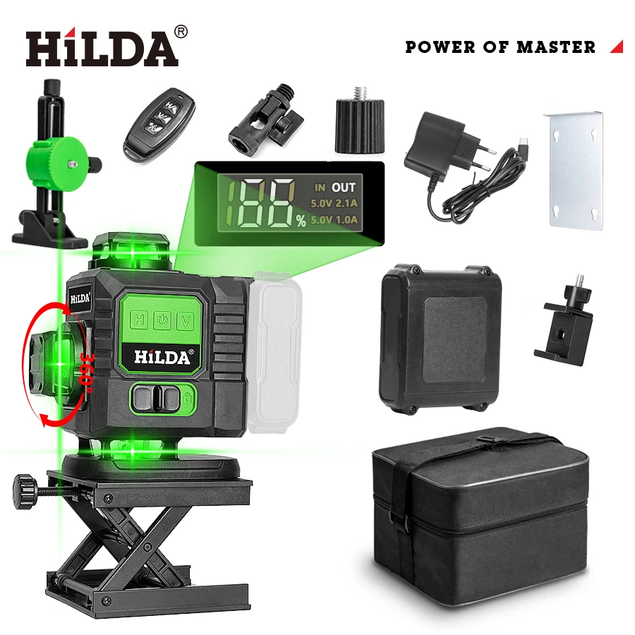 HILDA 4D 16/12 Lines Laser Level Remote Control & Rotatable Window Green Beam Self Leveling 360 Horizontal And Vertical