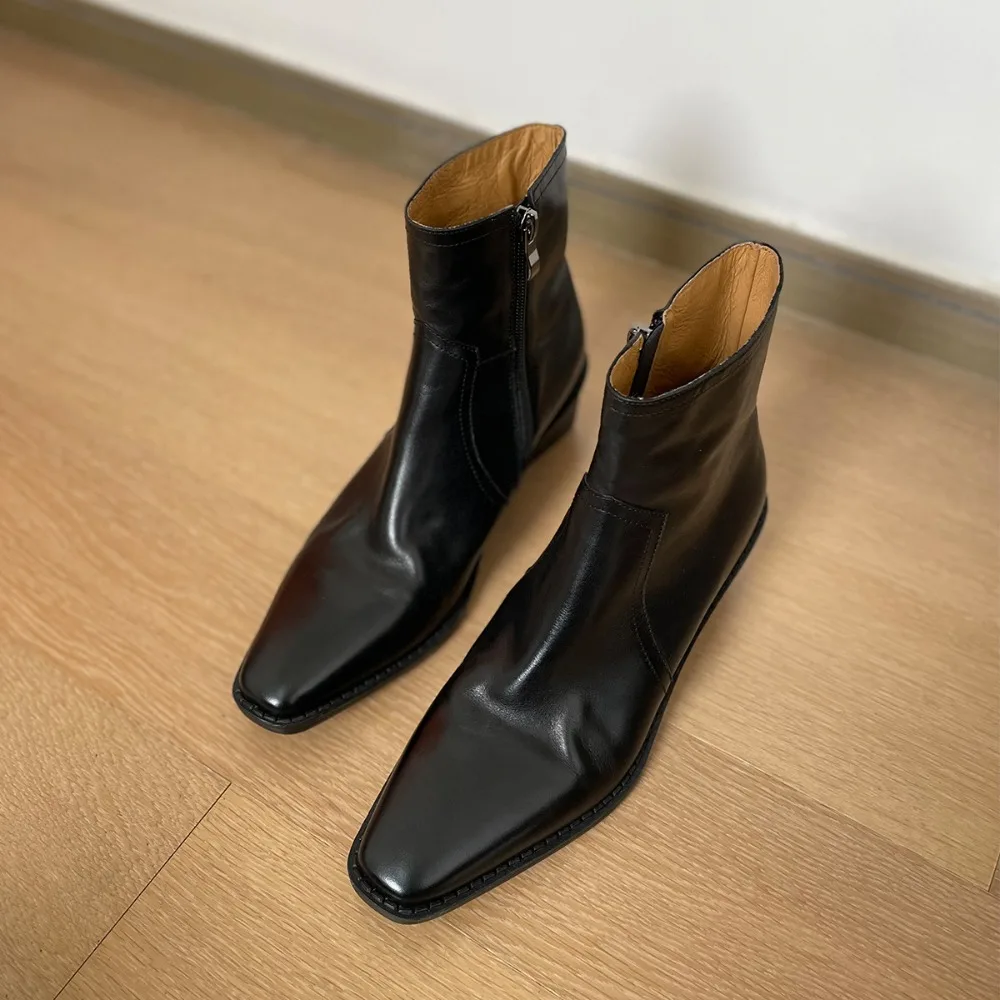 Bootie Women's 2026 New Retro Washed Cowhide Small Square Head Thick Heel Western High Heel Boots British Brown Women's Ankle