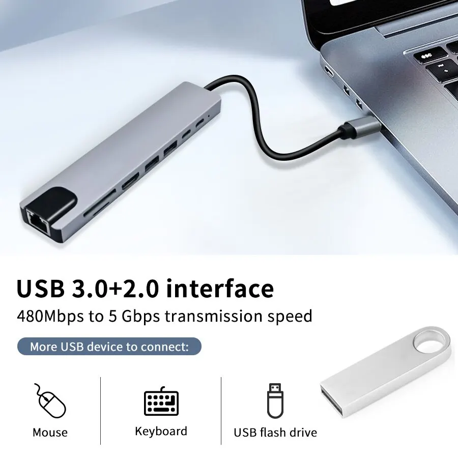 USB C Hub 8 In 1 Type C 3.1 To 4K HDMI Adapter with RJ45 SD/TF Card Reader PD Fast Charge for MacBook Notebook Laptop Computer