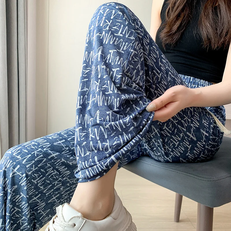

Summer Blue High-Waisted Ice Silk Wide-Leg Pants Printed Straight Casual Thin Loose-Fitting Vertical Trousers