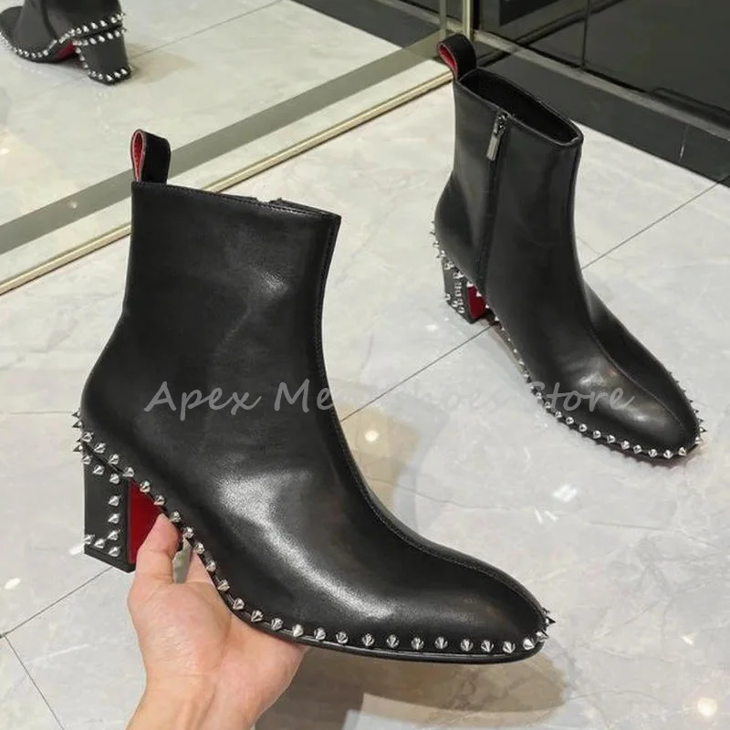 Genuine Leather Men's Studded Rivet Ankle Boots Black Chunky Heel Side Zip Streetwear Trendy Boots Autumn Fashion Modern Boots