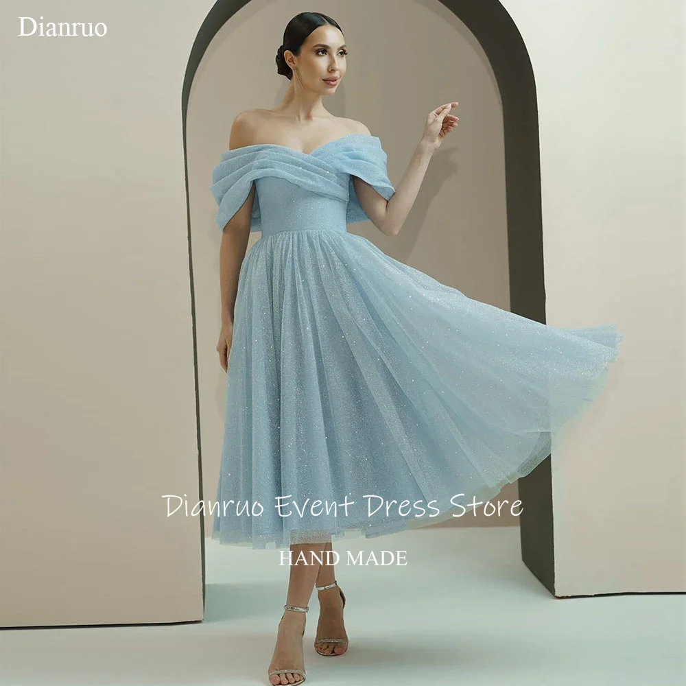 

Dianruo Off The Shoulder A Line Homecoming Dresses Tulle Tea Length Party Gowns Sparkly High Quality Cocktail Dresses Customized