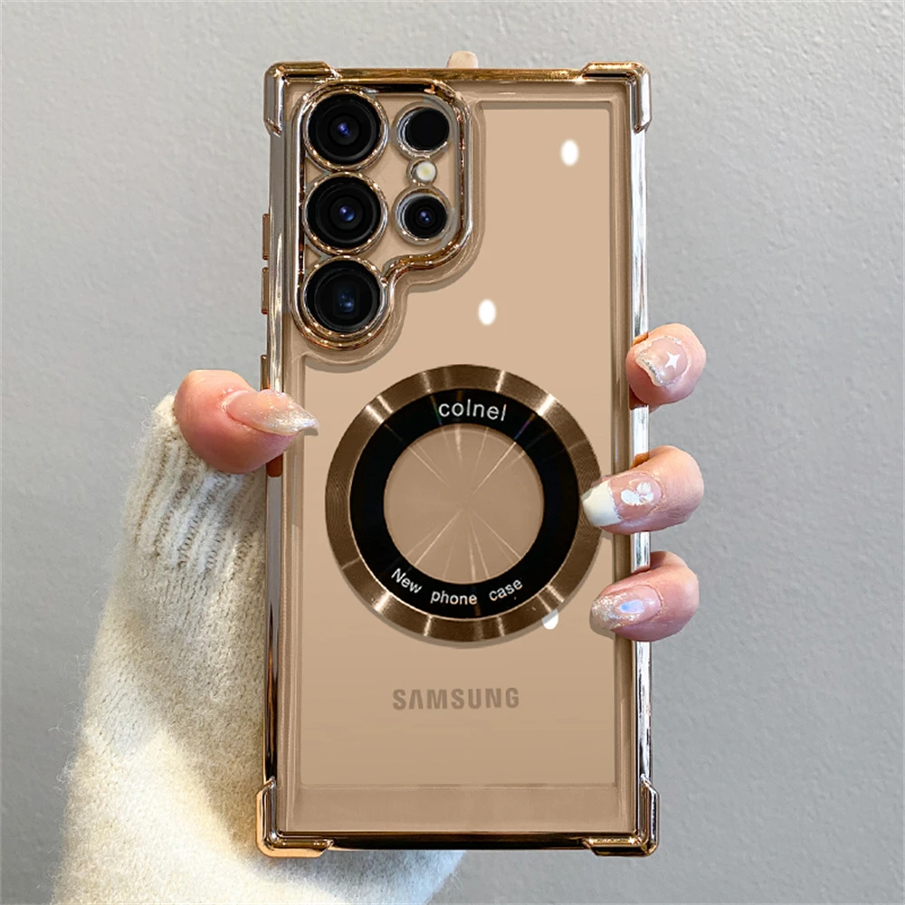 Plating Magnetic Transparent Case For Samsung S24 Ultra S23 FE S22 Plus Wireless Charging Shockproof Camera Protection Cover