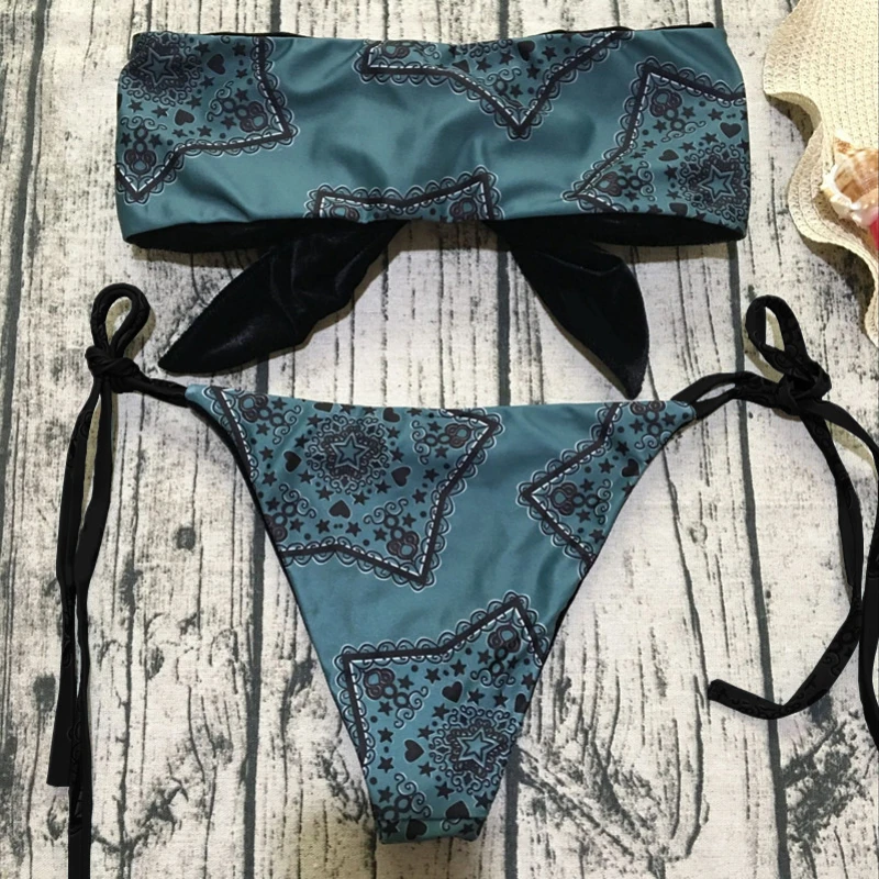 Bikini con stampa retrò 2024 costume da bagno con fiocco per donna costumi da bagno perizoma con lacci a vita bassa con cinturini costume da bagno per le vacanze estive