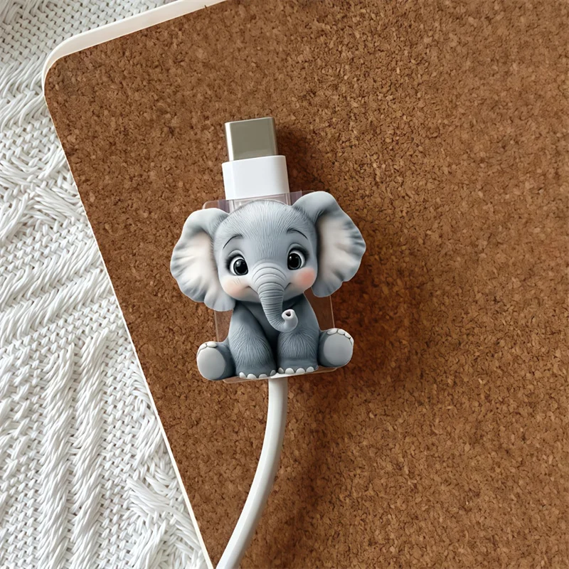 2pcs Cute Grey Elephant Cable Protector Sleeve Acrylic 2D Flat Design Connector Cover For iPhone / Type-C Charging Interface