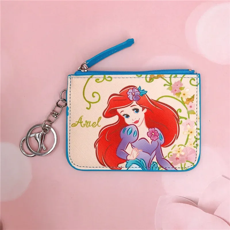 Cartoon Disney Princess Series Card Case Coin Purse Pu Leather Student Rice Card Bag Loose Purse with Key Chain Portable