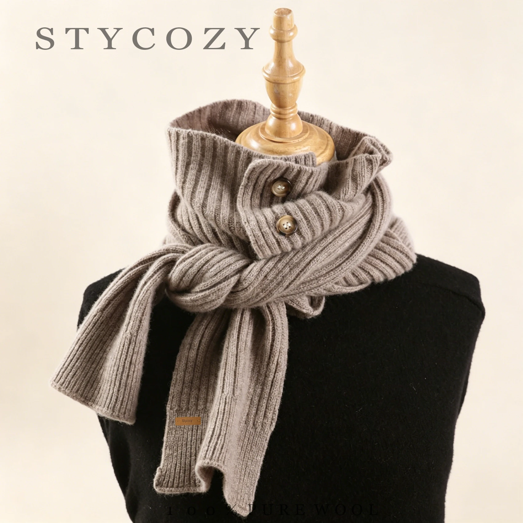 100% Wool Ribbed‑Knit Button Shoulder Shawl Multi‑Way Tie‑Up Scarf Women Autumn‑Winter Layering Decorative Knit Shoulder Cape