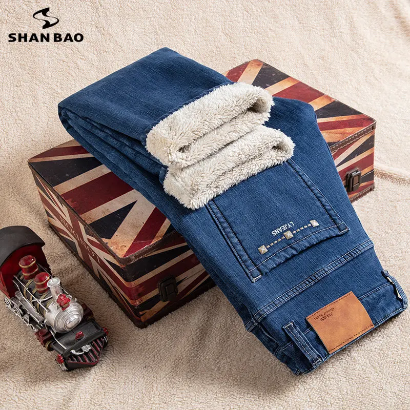 40 42 44 46 Plus Size Winter Fleece Jeans Classic Business Casual Straight Loose Men\'s Thick Warm Denim Pants Office Trousers