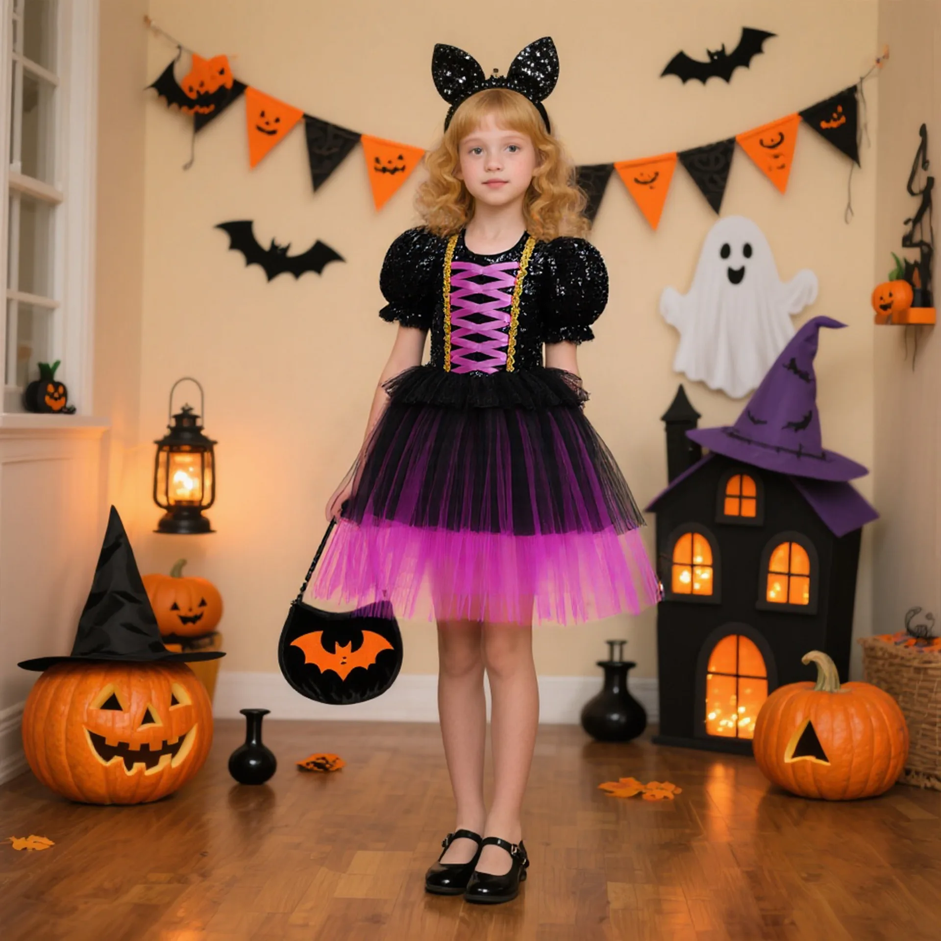 Witch Clothes Cosplay Girl Halloween Costume Girl Princess Dress Kids Fashion Sequin Bowknot Birthday Dress Girls Party Dresses