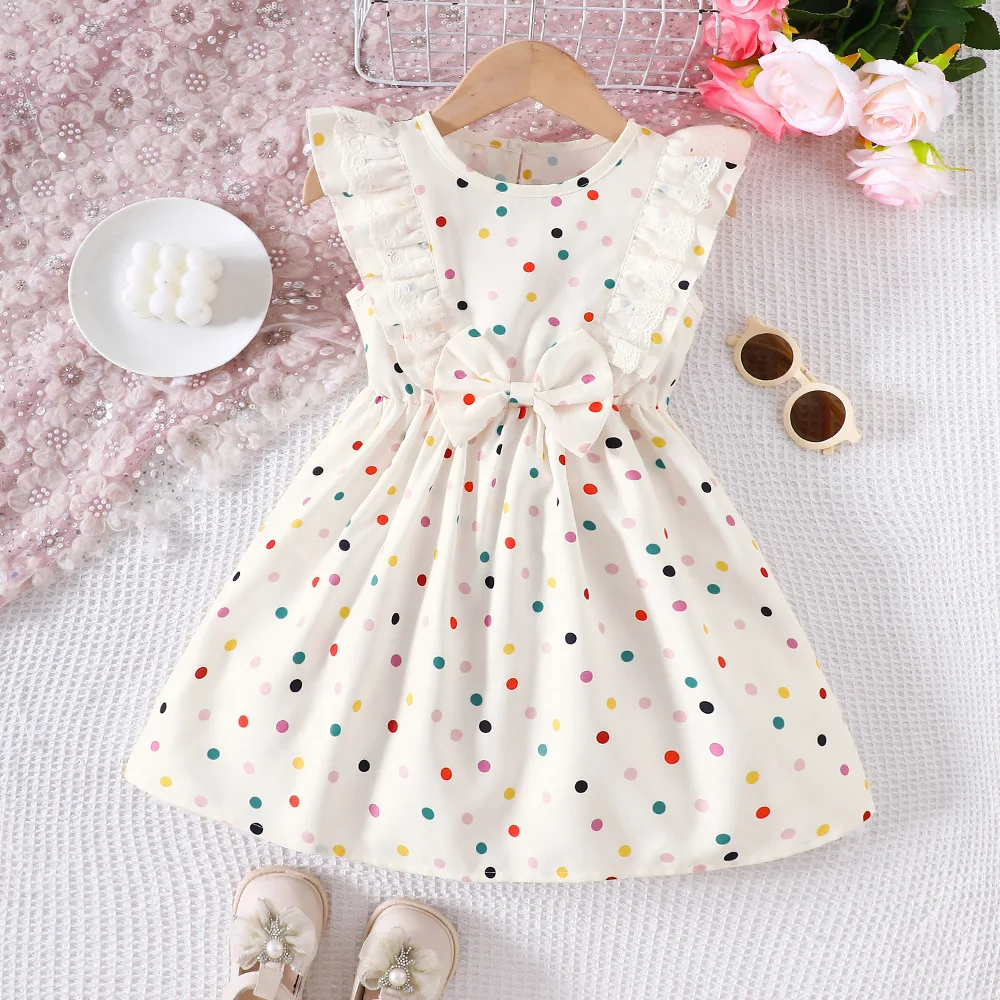 2025 New Arrival Girls Sleeveless Ruffles Bow Dot Apricot Cute Holiday Night Party Princess Dress Custume 2-7T