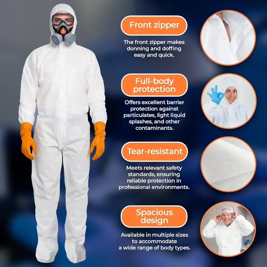 بدلات Hazmat البيضاء حزمة كبيرة مكونة من 5 أغطية مقاومة للماء للاستعمال مرة واحدة مع غطاء محرك السيارة وأحذية مرنة للمعصمين وسحاب مقاوم للتمزق 60