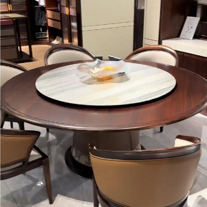 

New Chinese-style solid wood dining table and chair combination modern restaurant villa round dining table with turntable