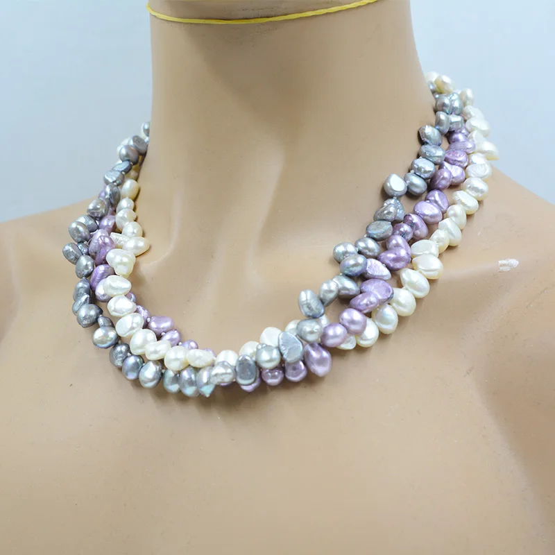 8MM unique natural baroque pearl 3 strand necklace. Ladies high-grade beautiful jewelry 50CM