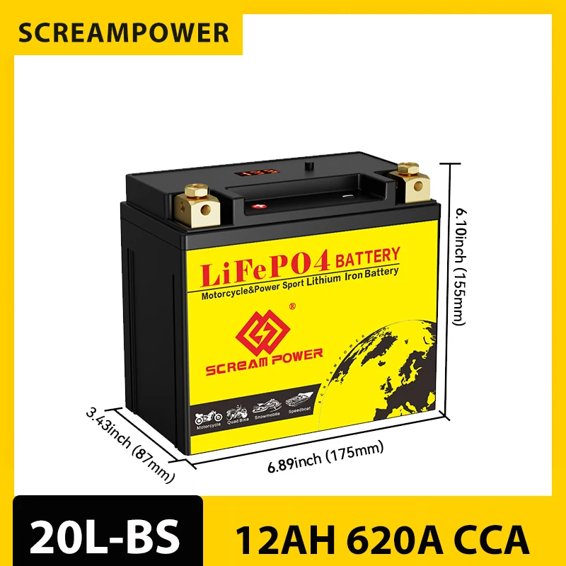 Screampower Motorcycle Battery 20L-BS 12V 12Ah 620A Higher Power Lithium Battery Temperature Protection For Atv Utv Snowmobile