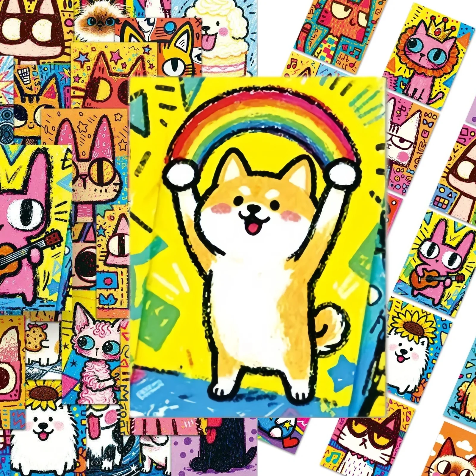 50Pcs Graffiti Cartoon Puppy Kitten Synthetic Paper Waterproof Colorful Animal Decals For Water Cup Notebook Journal DIY Decor