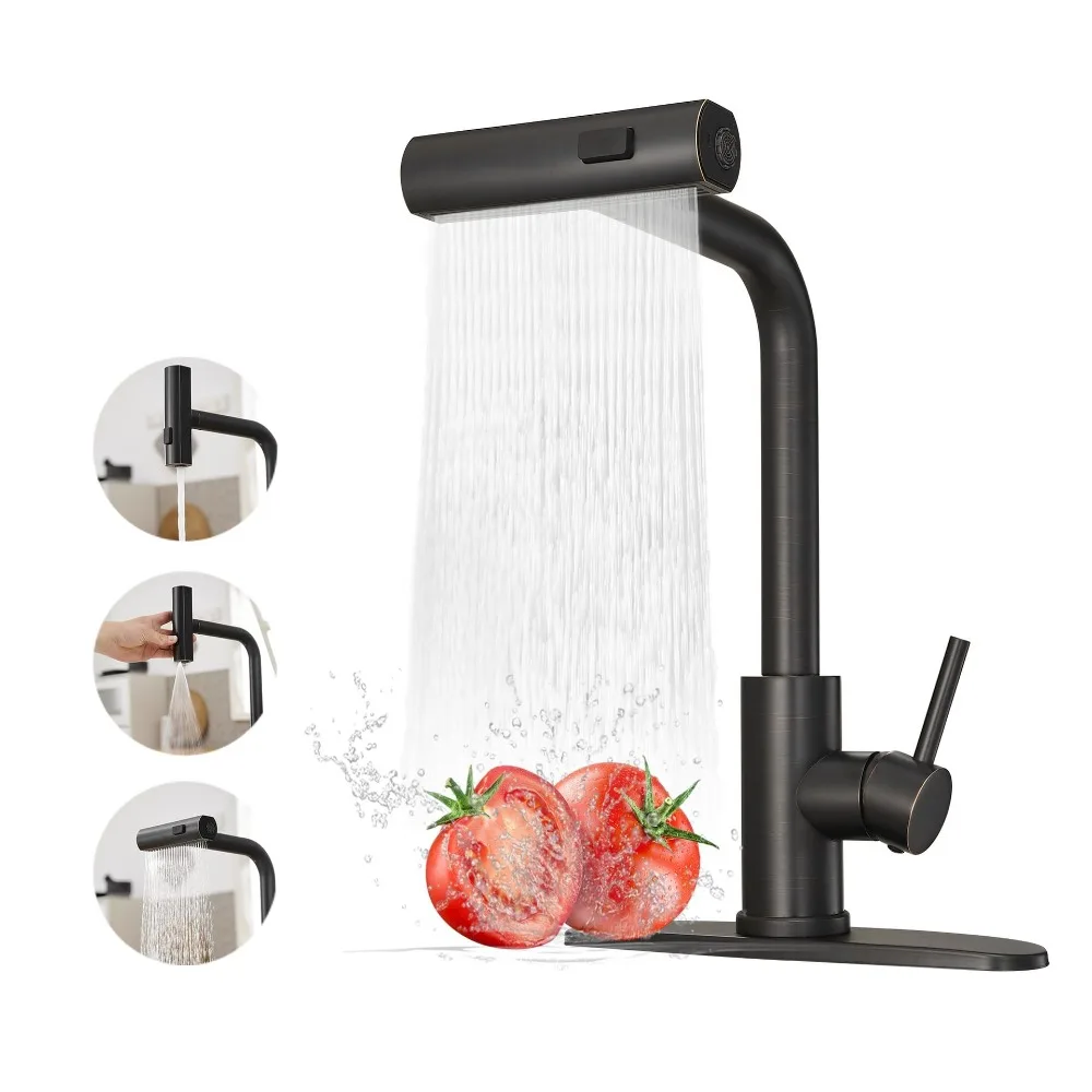 Stainless Steel Pull Down Faucet – 3 Spray Modes (Waterfall/Rain/Stream), 360° Swivel Single Handle, Brushed Nickel for Kitchen
