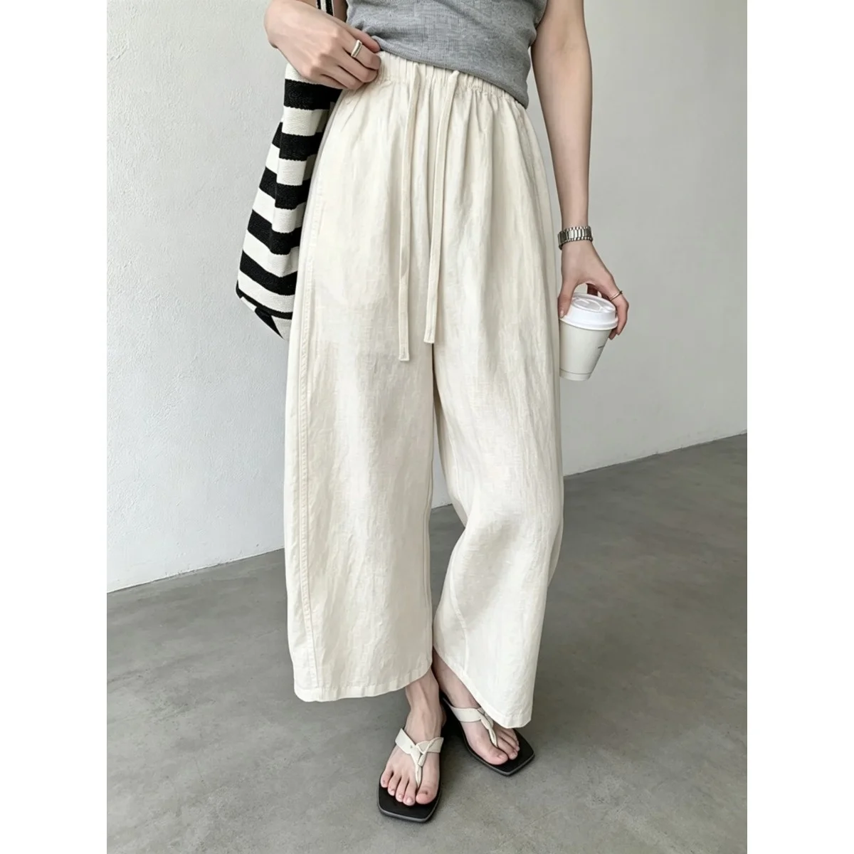 

2026 Summer New Style Korean Chic Casual Pants High Waist Wide Leg Vintage Washed Elastic Versatile Nine Points Trousers