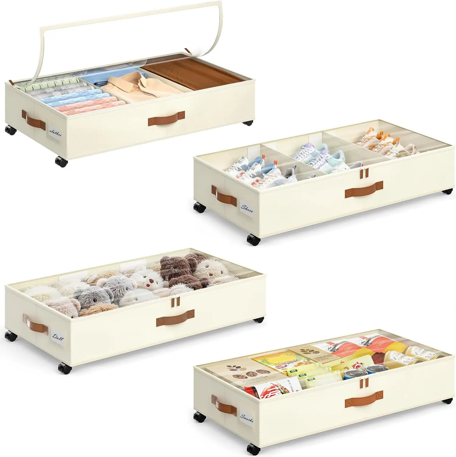 

4-Pack Rolling Under Bed Storage Containers with Adjustable Dividers & Clear Window, Organizer Bins for Clothes Shoes Blankets