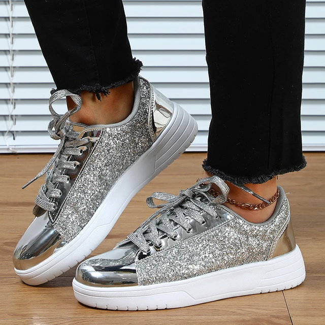 Silver leather trainers ladies hot sale