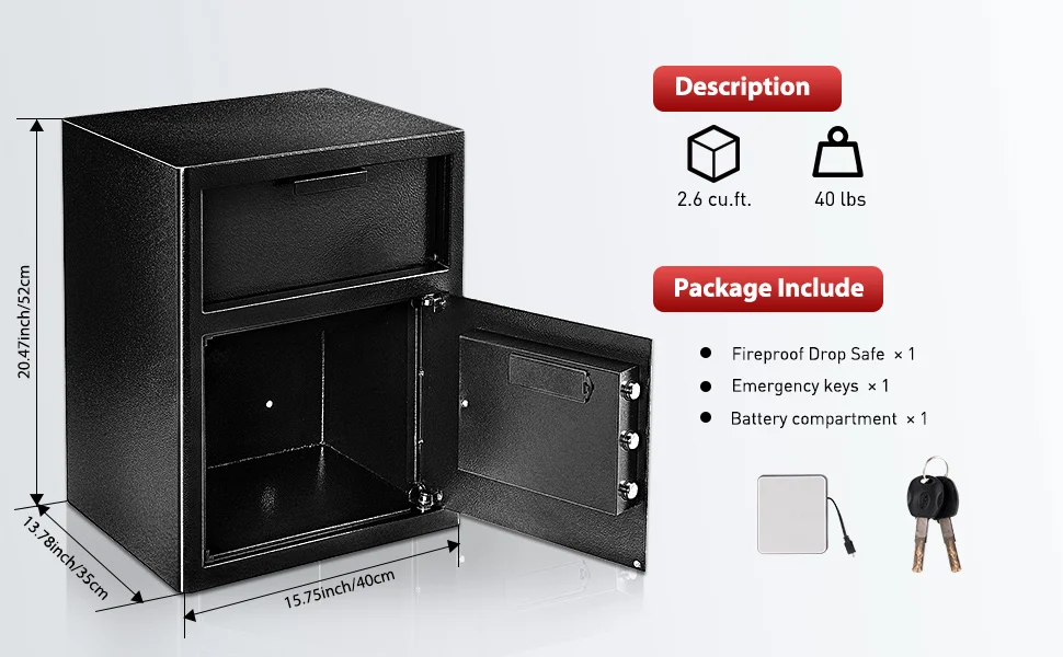 Fireproof Drop Safe 2.6 Cu FT Combination Lock Digital Safe Box Business Security Depository Safe for Money Cash Checks Document