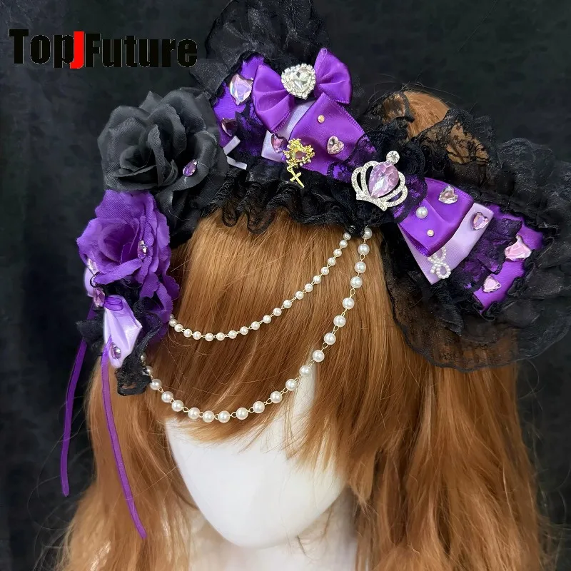Women Y2K Subculture Hime style Spicy girl Purple rose Rhinestone Lace ruffle hairpin Pearl chain Princess-gal fashion Barrettes
