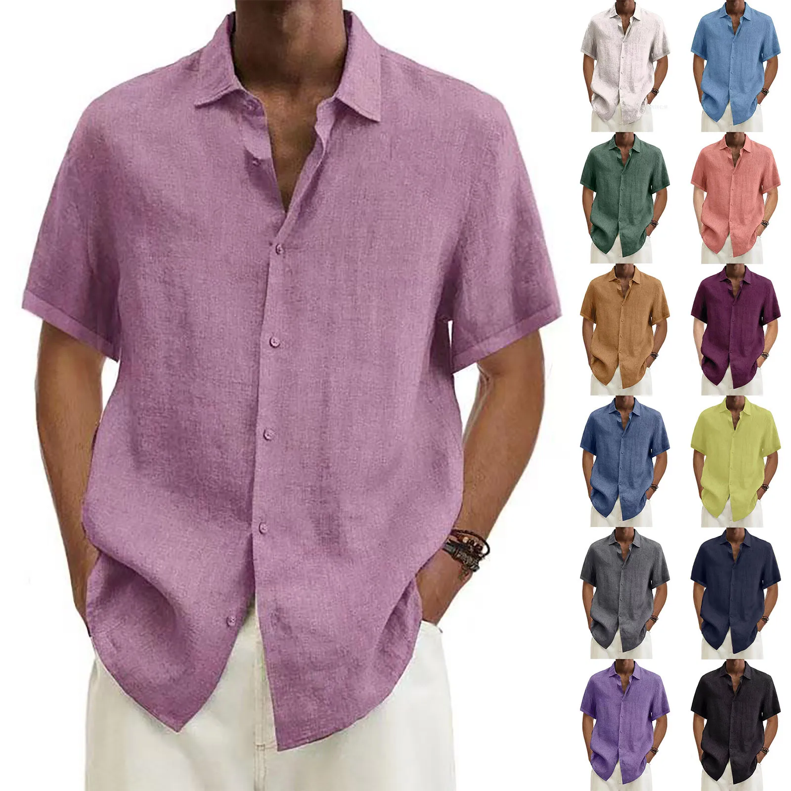 Cotton Linen Shirt Summer Men Turn Down Collar Short Sleeve Button Down Loose Blouse Tops Oversized Breathable Men Tops