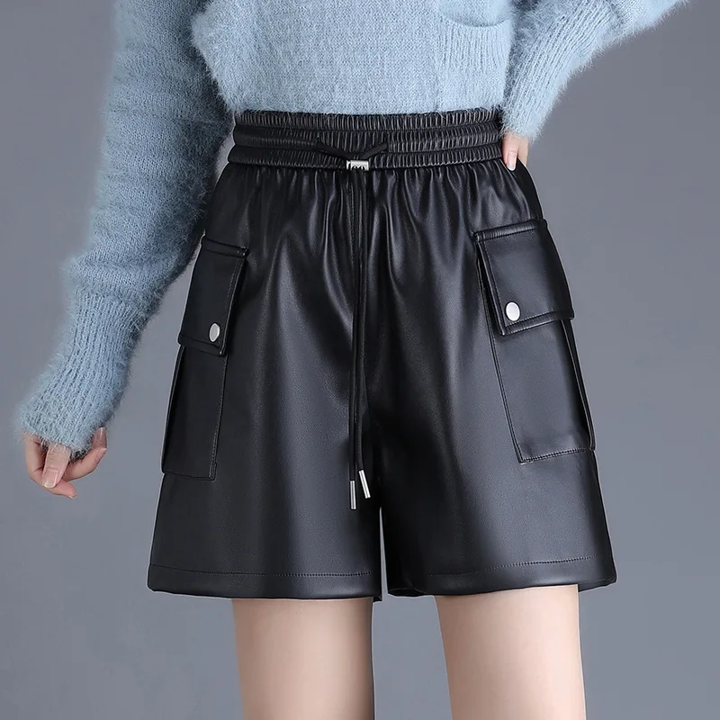 

2024 Women's Outer PU Leather Shorts Autumn New Elastic High Waist Loose Wide Legs Versatile Slimming Casual Leather Shorts