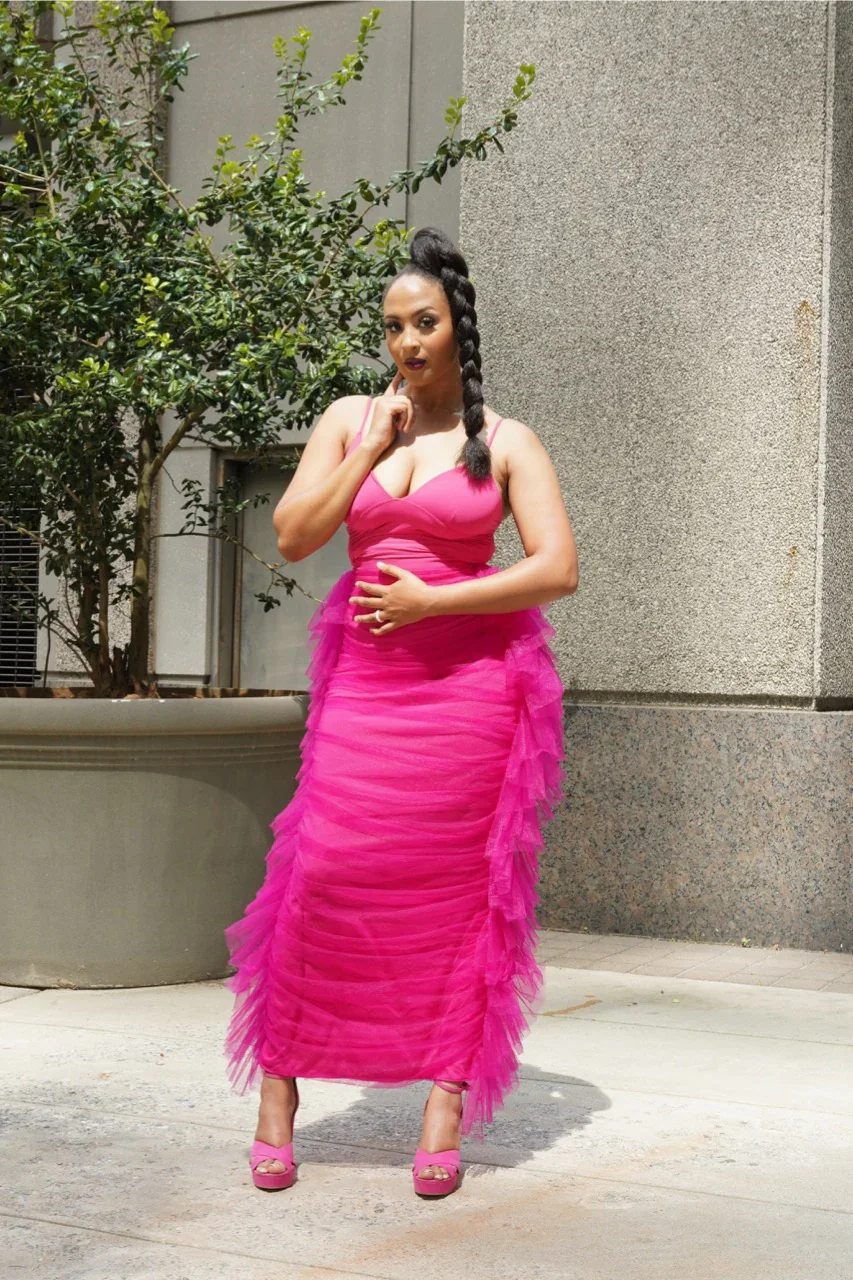 Couture Fuchsia Ruched Tulle Skirts Ankle Length Straight Women Maxi Skirts Ruffles Trimmed Both Side Female Skirt