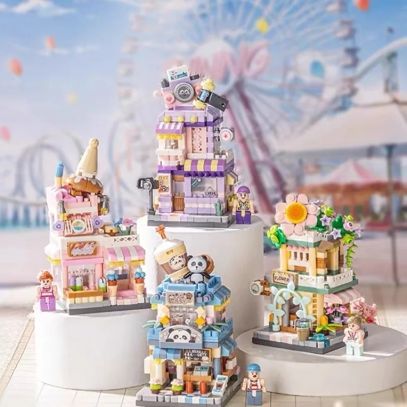 

Idea Streetscape Florist Nanobrick City Street View Photo Studio Micro Diamond Block IceCream Coffee Shop Building Brick Toys