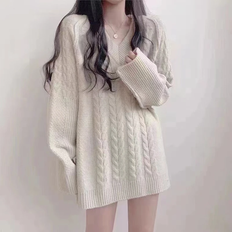 ฤดูใบไม้ร่วง/ฤดูหนาวสไตล์เกาหลีแขนยาวเสื้อสเวตเตอร์หลวมผู้หญิงย้อนยุคสีทึบ V คอถักเสื้อลำลองเสื้อถักยาว